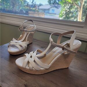 White and tan wedge heels